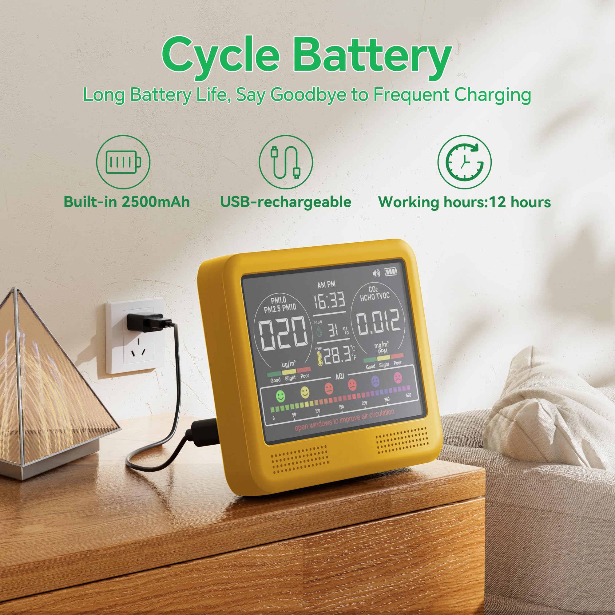Monitor de calidad del aire interior 16 en 1 con PM1.0, PM2.5, PM10, CO2, HCHO, TVOC, temperatura, humedad, visualización de hora y 7 alarmas AQI, probador profesional de calidad del aire para