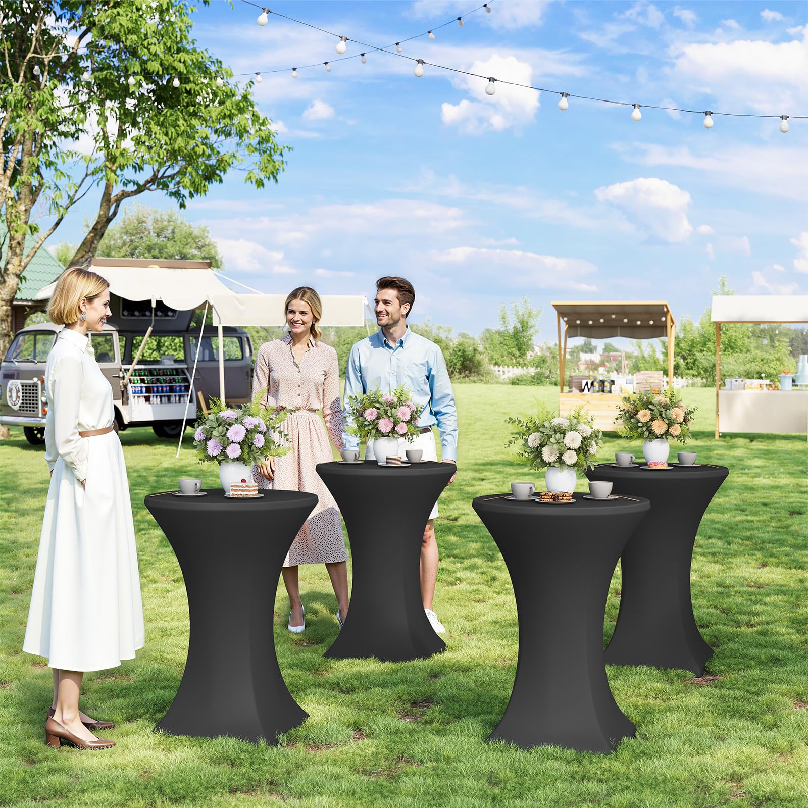 WOLTU Mesa de Bar Plegable, Mesita Redonda de Cóctel con Funda Elástica para Boda y Fiestas, con Patas Metálicas y Pie Ajustable, 70x110 cm, Negro Mate
