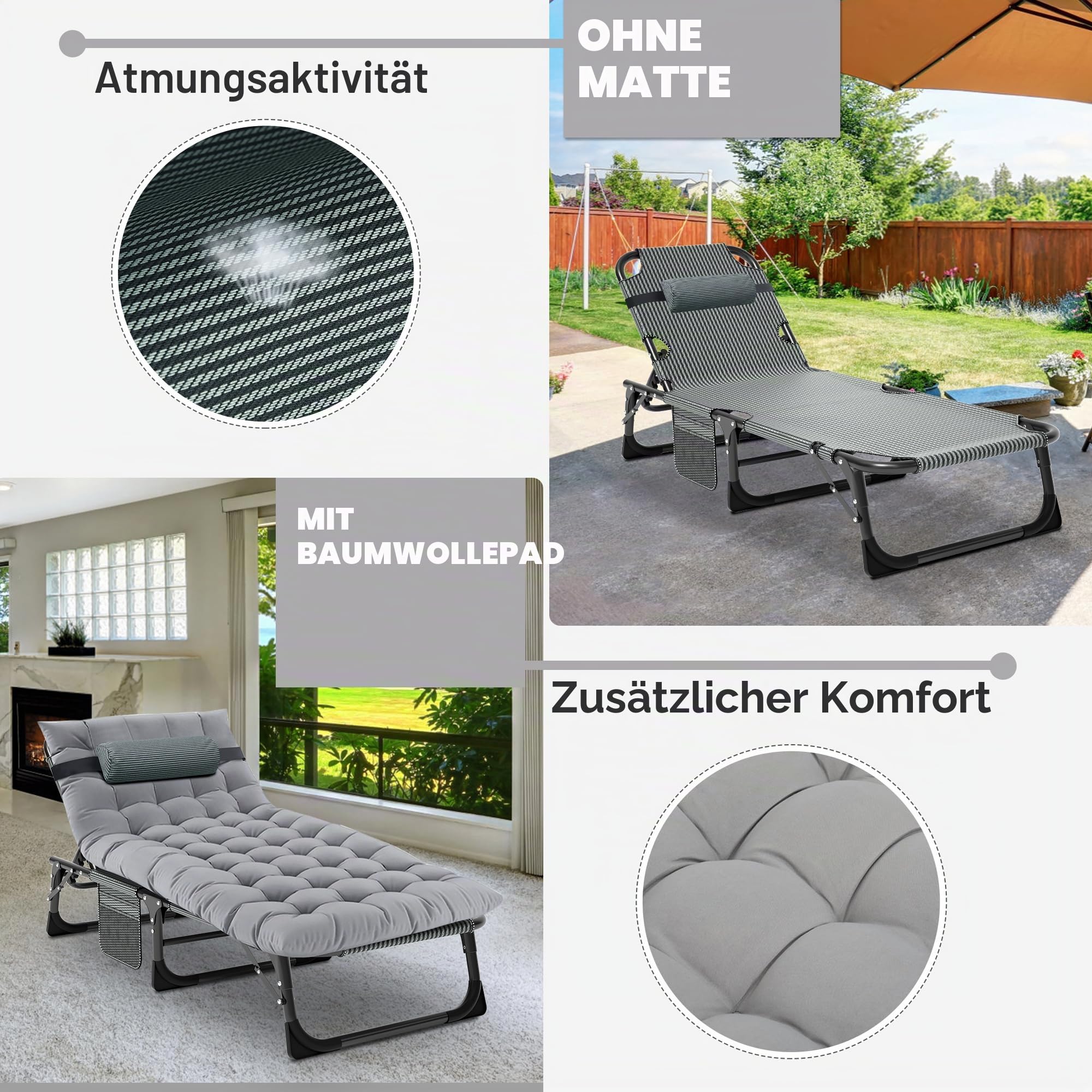 MOPHOTO Sonnenliege, Faltbare Sonnenliege für den Garten mit Matratze, verstellbare Rücken- und Beinauflagen, tragbar, für drinnen und draußen, zusammenklappbar(Grünes Kinderbett, Graue Matte)