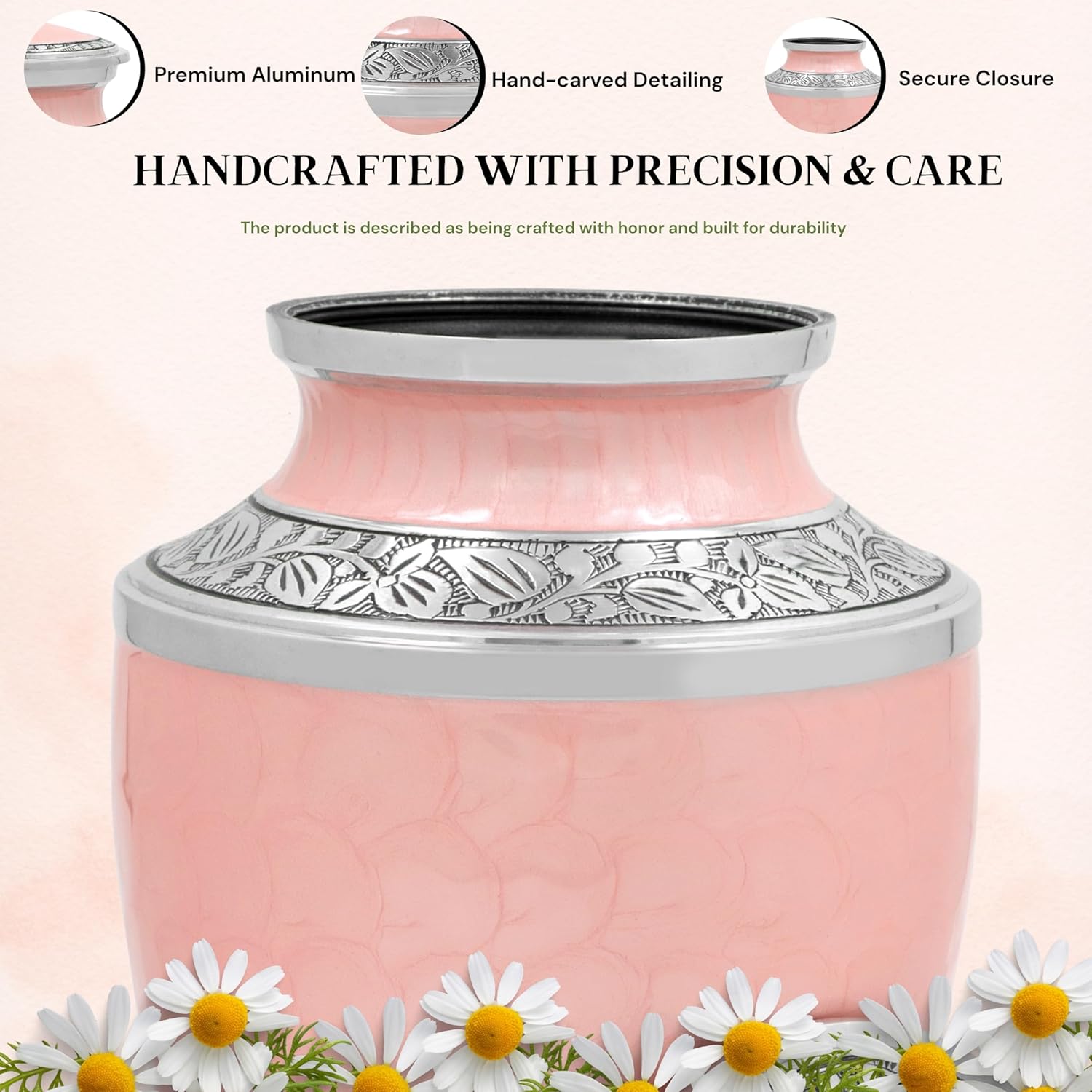 CLEENTABLE Handcrafted Metal Cremation Urn for Human Ashes - Cremation Urn for Adult Human Ashes Adult Female and Male, Decorative Burial Urn, Funeral Urns for Women, Men 10" (Pink & Silver)
