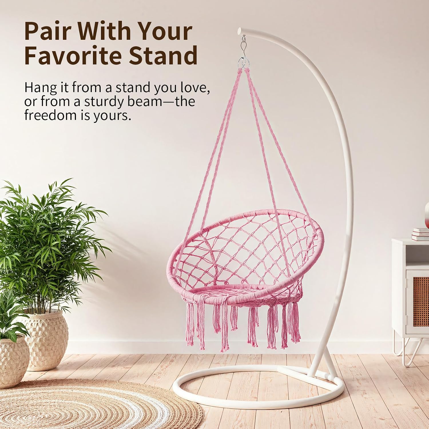 Garpans Hammock Chair Macrame Swing Bohemian Style Hammock Swing Chair with Tassels Hanging Swing Chair Handmade Knitted Cotton Rope for Indoor Outdoor Bedroom Patio Max 330 Lbs Pink