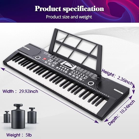 61 keys keyboard piano, Electronic Digital Piano with Built-In Speaker Microphone, Sheet Stand and Power Supply, Portable piano Keyboard Gift Teaching for Beginners