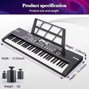 61 keys keyboard piano, Electronic Digital Piano with Built-In Speaker Microphone, Sheet Stand and Power Supply, Portable piano Keyboard Gift Teaching for Beginners