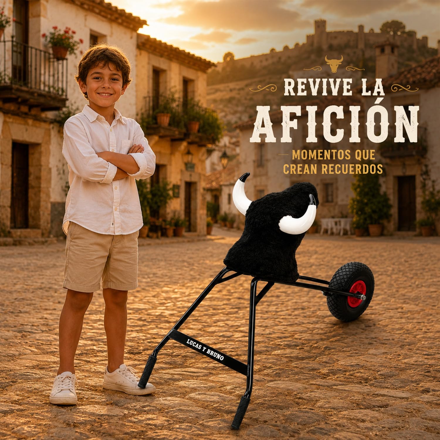 Carretón de hierro mediano 75 cm, toro con ruedas personalizable con nombre, cabeza de fibra y cuernos de plástico, juguete taurino infantil regulable en altura para encierros y bous al carrer