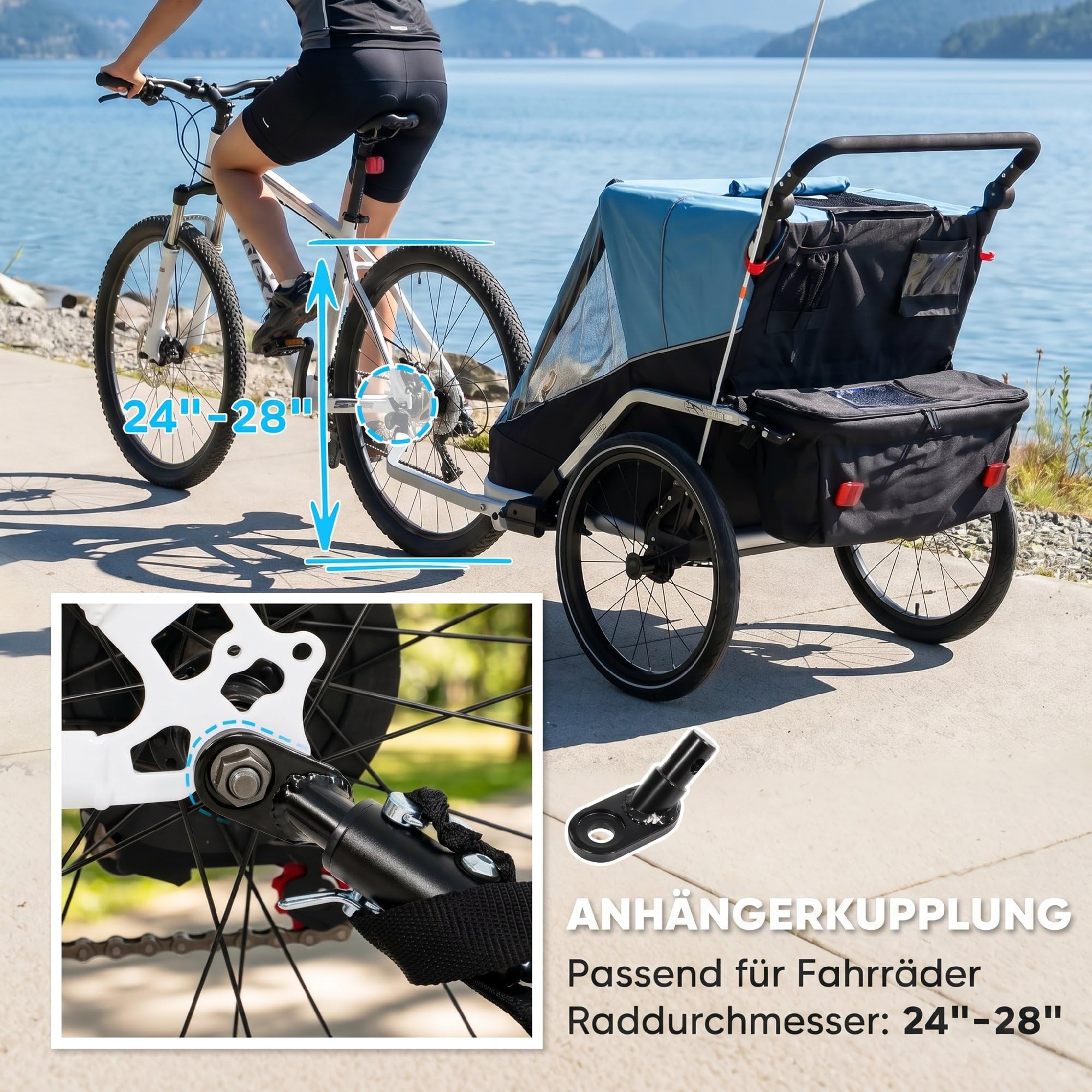 AIYAPLAY Remolque de bicicleta 2 en 1 y cochecito de 2 plazas, plegable, con correa de 5 puntos, bandera de seguridad, para niños a partir de 12 meses, máx. 18 kg