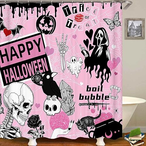 Miniatura 3 de Juego de 4 cortinas de ducha de Halloween rosas con alfombras, cortina de ducha de tela impermeable, truco o trato, gótico, bruja, espeluznante,