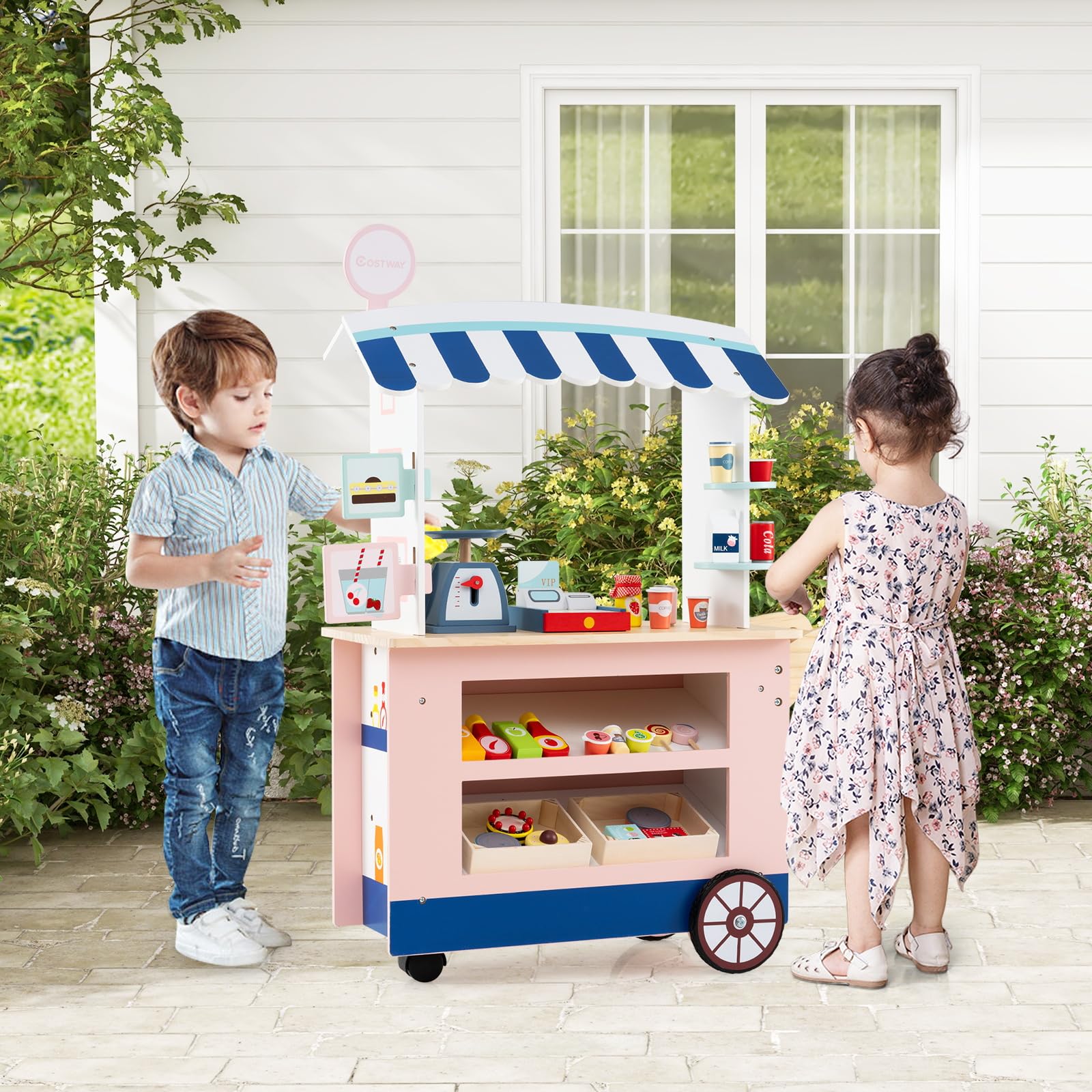 HOMASIS Kaufladen Kaufmannsladen Holz mit 30 Spielzubehör, Verkaufsstand Supermarkt-Set mit 3 Rädern, Lebensmittelwagen mit Kasse, POS & Waage, Verkaufswagen Rollspiel für Kinder ab 3 Jahren (Rosa)
