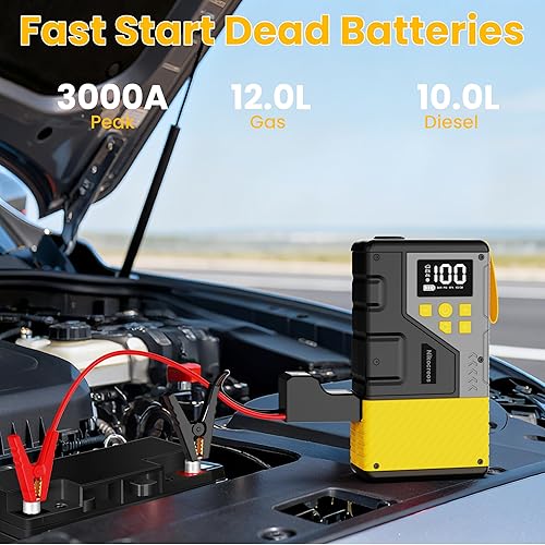 Miniatura 3 de Arrancador portátil de coche con compresor de aire para emergencias, pico de 3000 A y 150 PSI máximo, para motores de gasolina de 12 L y 10 L,