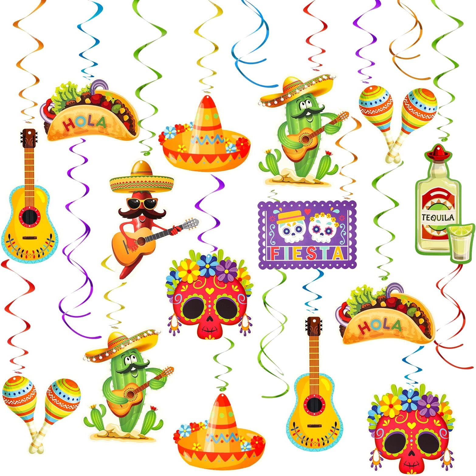 30Pcs Mexican Fiesta Hanging Swirl Decorations Mexican Themed Party Supplies Cinco De Mayo Taco Twosday Birthday Theme Baby Shower Paper Decor for Kids Boys Girls Party Favors