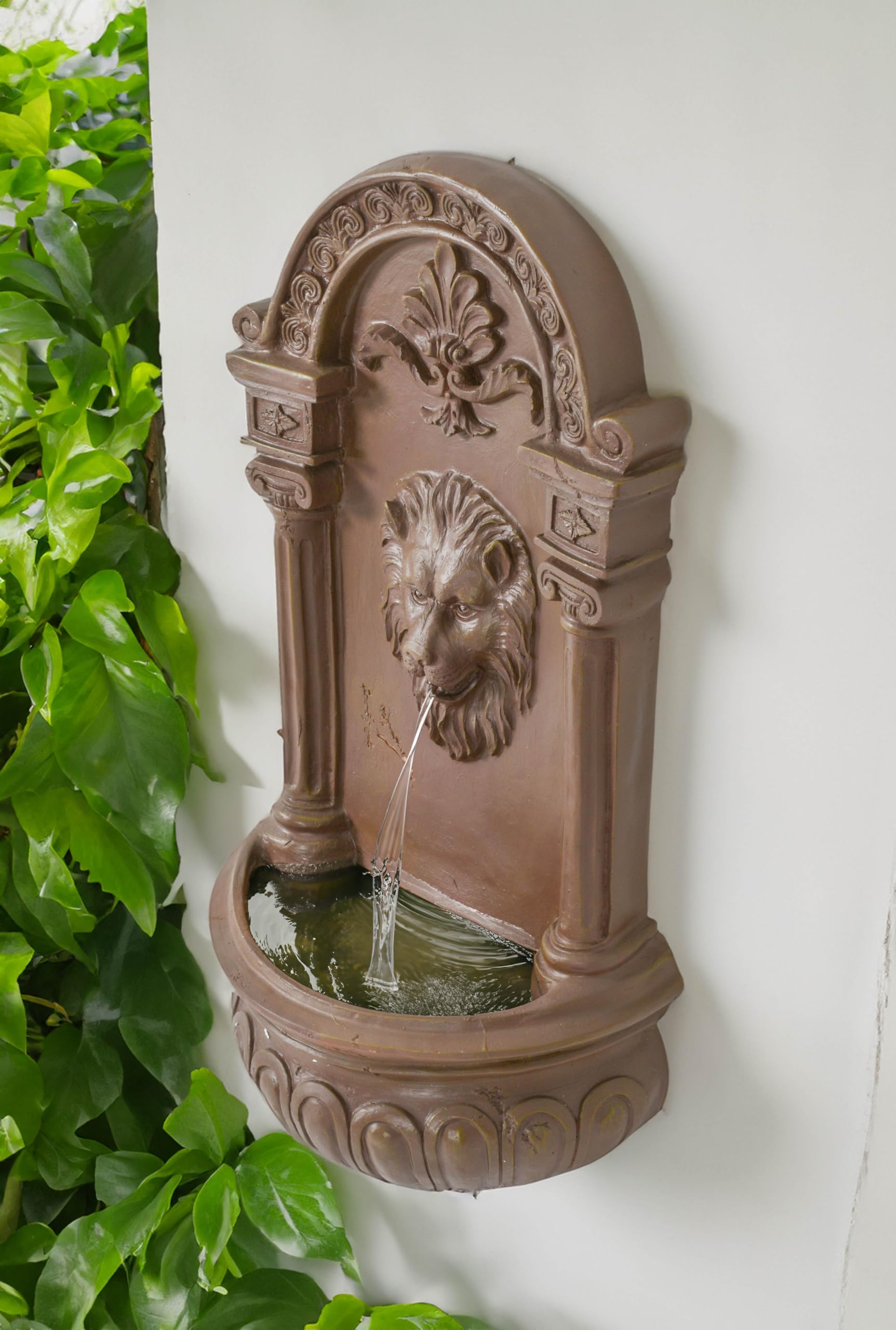 Terra Cotta Lion Wall Fountain – Hanging Design with Ornate Details, Perfect for Adding a Touch of Elegance to Gardens, Patios, or Outdoor Spaces