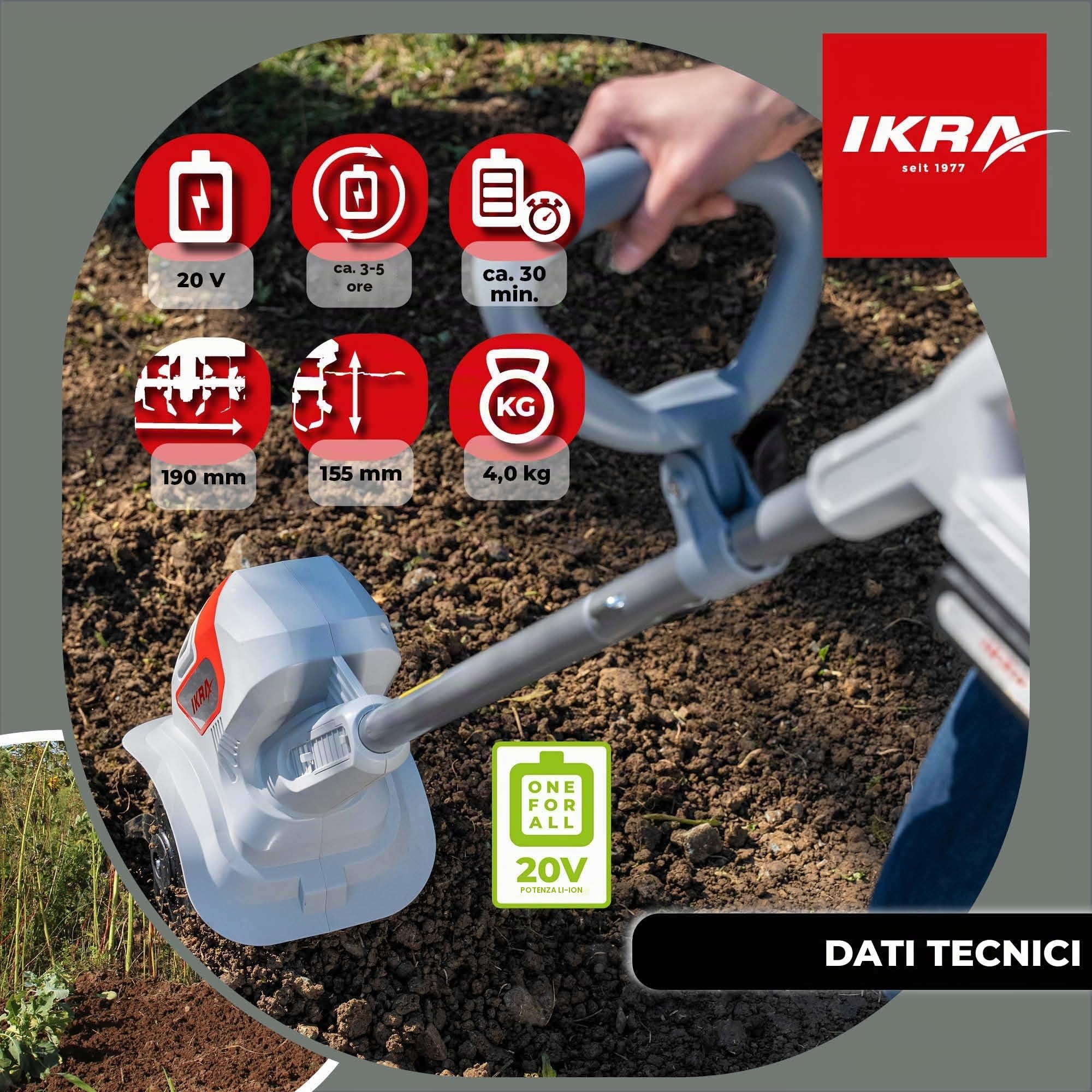 IKRA motozappa IAMH 20, larghezza 19cm, batteria e caricabatterie inclusi | Profondità di lavoro fino a 15,5 cm, leggero, ingombro ridotto una volta riposto, compatibile con batterie 20 V di IKRA