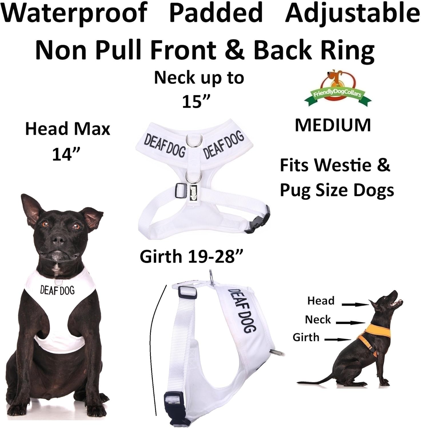 Deaf Dog White Non-Pull Front and Back D Ring Padded Waterproof Dog Harness (Medium, Warns Others of Dog's Hearing Impairment)
