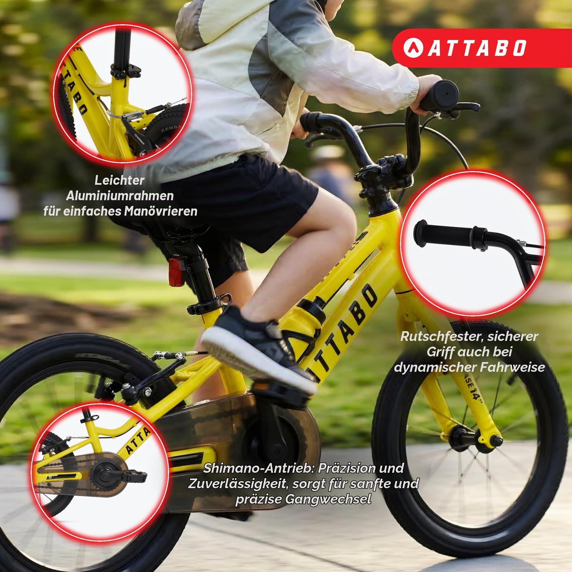 ATTABO Ease 16 Zoll Kinderfahrrad leicht 7,3 kg | 6061-Aluminiumrahmen, Kenda-Reifen, TEKTRO V-Brakes und Schnellspanner am Sattel für Alltag und erste Touren