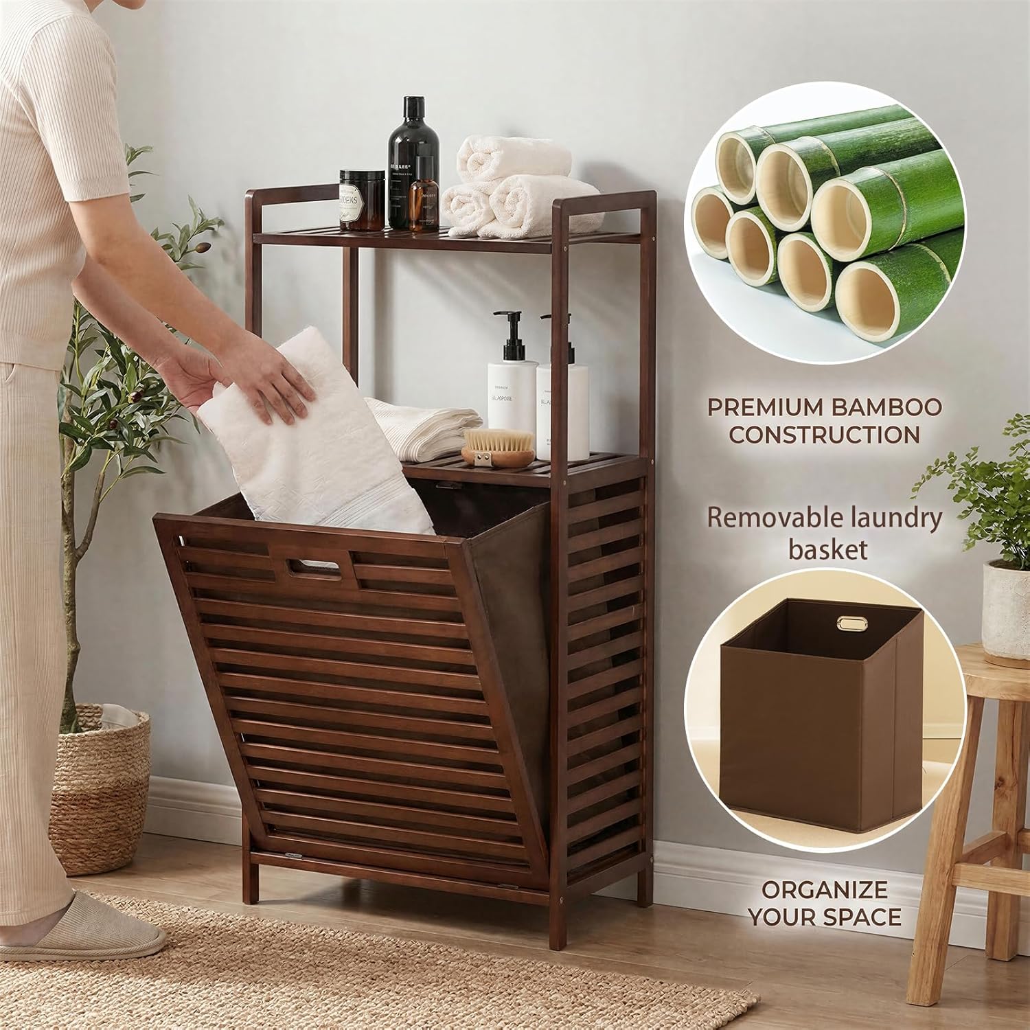 Baveke Laundry Hamper with 2-Tier Shelves & Tilt Out Basket, Laundry Baskets Organizer Hampers Bathroom Storage Shelf for Laundry Room, Bathroom, Nursery, Bedroom, Guest Room, Closet (2 Tier- Brown)