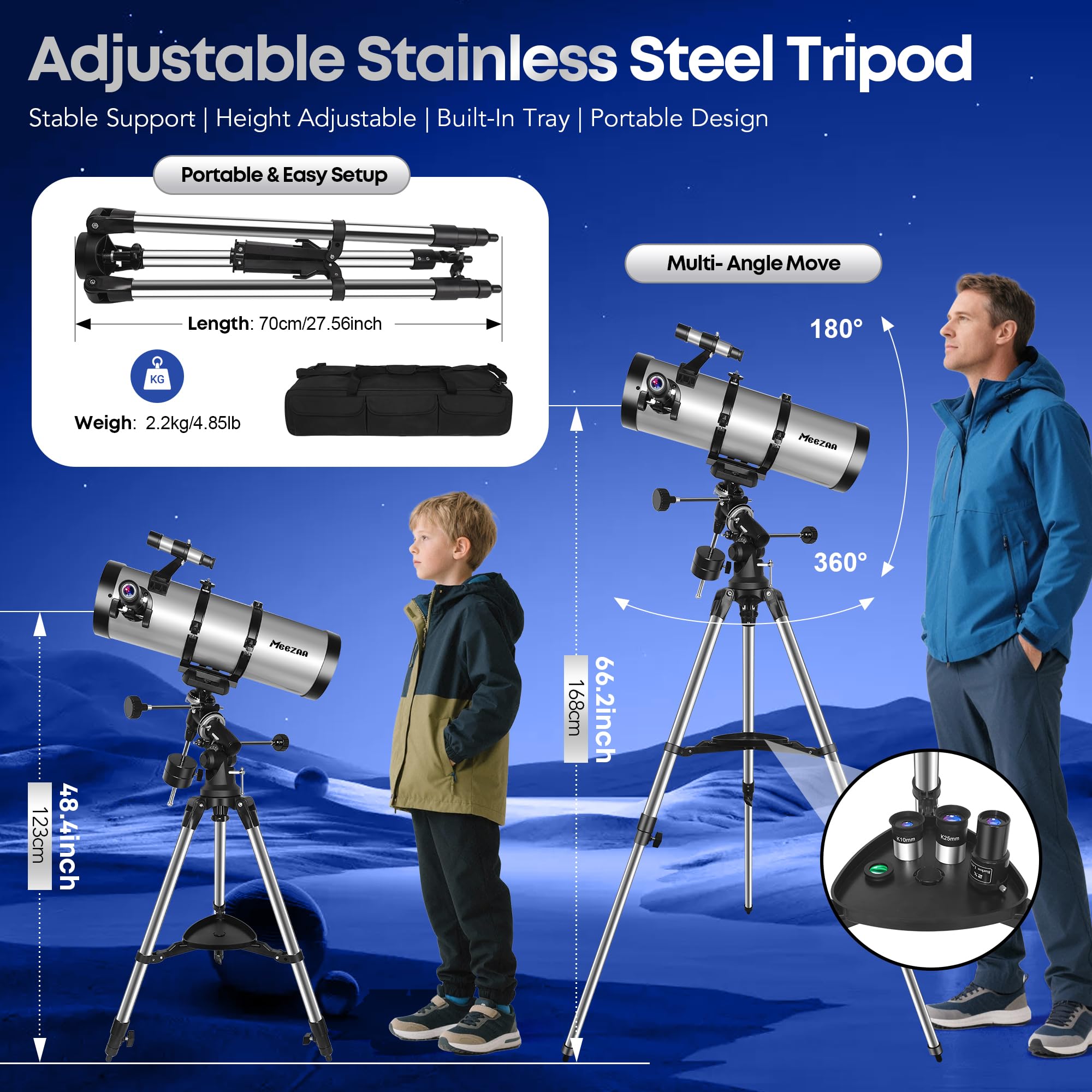 MEEZAA Telescopio Astronómico Adultos, 150EQ Newtoniano Reflector Telescopio Profesional Portátil Principiantes con Montura Ecuatorial, Trípode, Adaptador Teléfono, Filtro Lunar y Bolsa de Transporte
