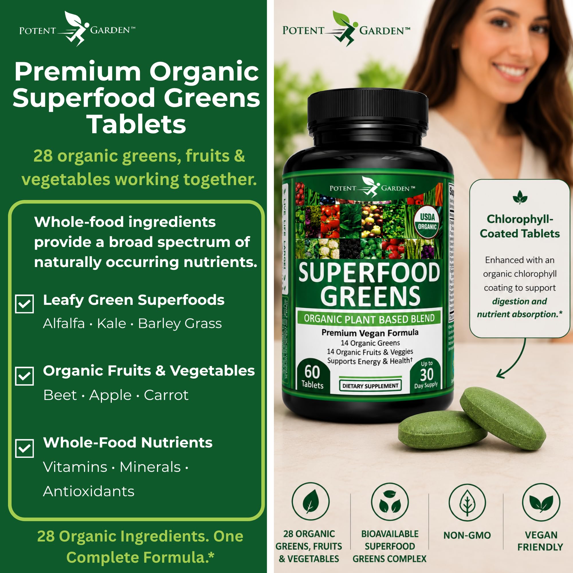 Potent Garden Super Greens Capsules, Fruits and Veggies Supplement, Organic Greens Tablets with Alfalfa Beet Root & Tart Cherry, Daily Nutrition Support, 60 Ct — Amazon image 4