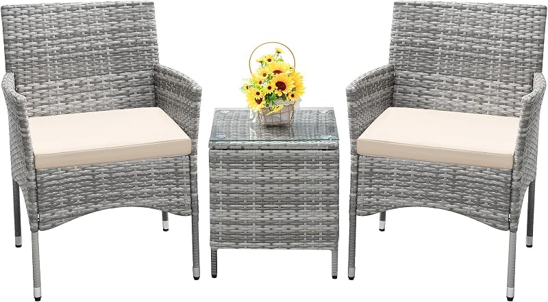 Juego de muebles de patio de 3 piezas Conversación de mimbre al aire libre (gris pálido) | Juego de mesa y sillas de ratán PE para porche y Patio, 2 unidades, para balcón, jardín y patio