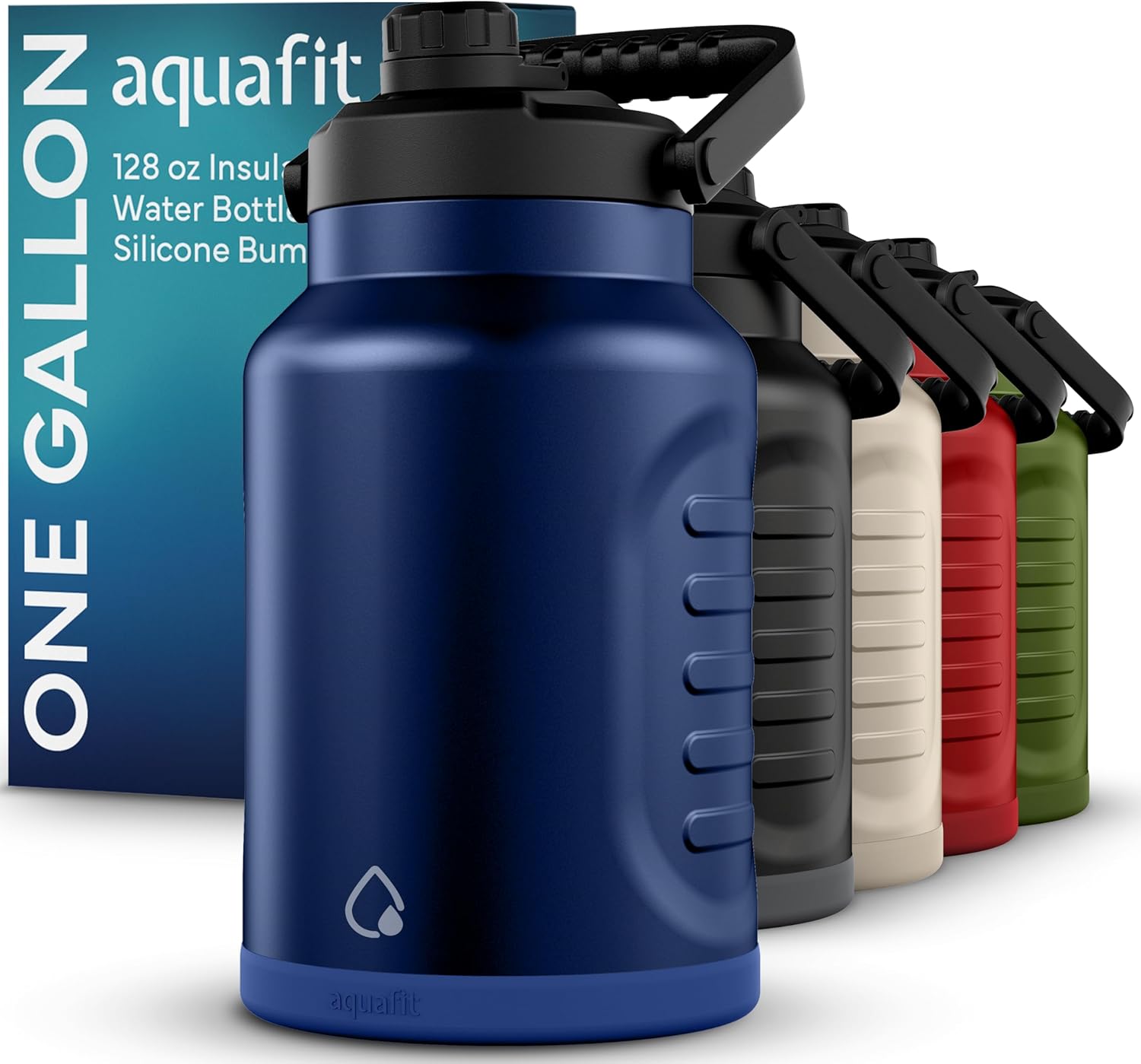 AQUAFIT 1 Gallon Insulated Water Bottle (Cold for 48 Hrs) - BPA Free & Leak Proof - 128oz Stainless Steel Jug - Big Water Bottle with Handle for Gym, Hiking, Camping & Travel (Nightfall Blue)