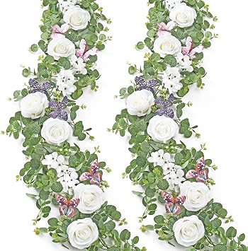 TOCHGREEN 2 Pack 5.9 Ft Artificial Fake Flower Garland White Rose Hydrangea Vines with 3D Butterfly Artificial Hanging Floral Greenery Eucalyptus Garland for Wedding Table Party Background Arch Decor