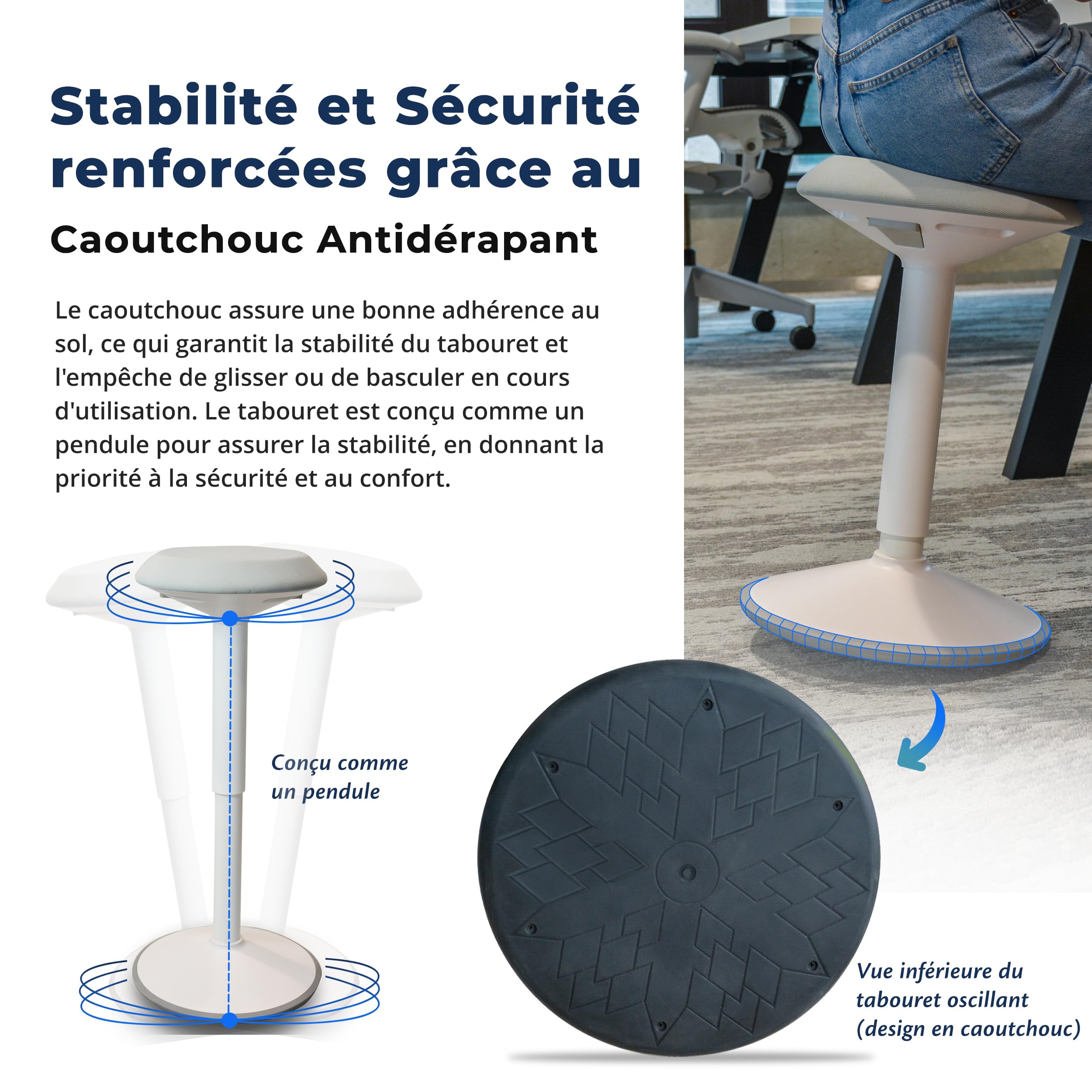 Backerz Tabouret Ergonomique à Bascule - Chaise Va-et-Vient Hauteur Réglable 55 à 80cm - Siège Actif Compact - Maison, Bureau, École - Coussin en Mousse, Revêtement en Lin Hydrofuge - Blanc Mat