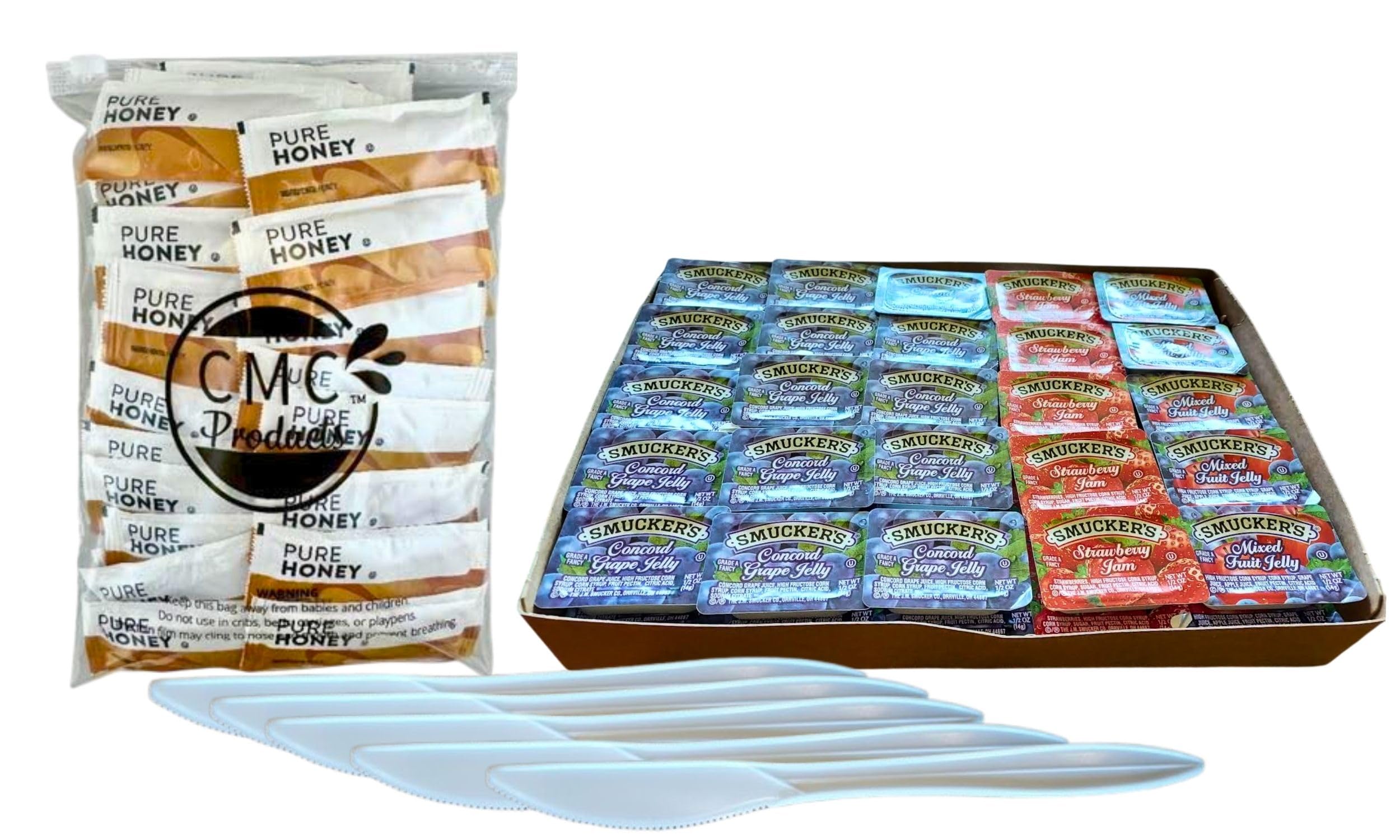 - Honey and Jelly Packets Bundle – 50 Honey Packets in Releasable Slide Seal Bag + 50 Assorted Jelly Packets with 5 Spreaders – Packaged by CMC Products