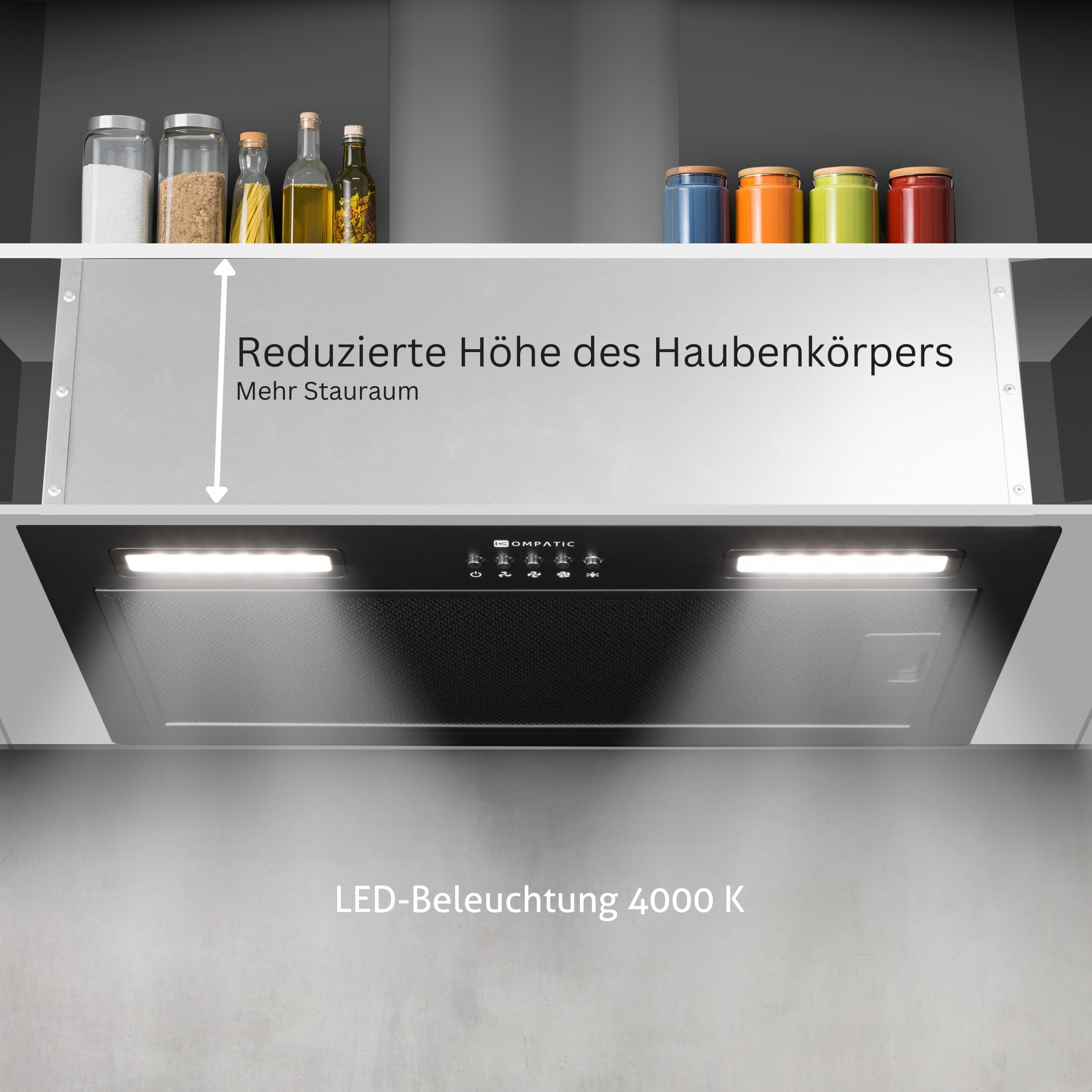 Lane 50 KLN50BI Einbau Dunstabzugshaube, A+++, 50 cm, 450 m³/h, Aktivkohlefilter KCF4 inklusive, Abluft/Umluft, Elektronische Steuerung, Timer, LED-Beleuchtung, 3 Stufen + Boost, Schwarz