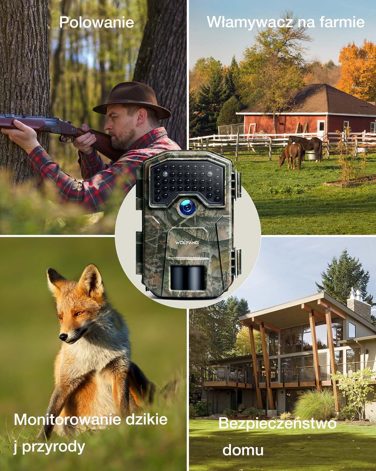 WOLFANG Kamera Myśliwska, kamera do obserwacji dzikich zwierząt, Kamera leśna 2160p 48MP HD, diodami LED na podczerwień 940 nm, z czujnikiem ruchu, Czas Wyzwalania 0,2 s