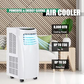 COSTWAY 8000 BTU Portable Air Conditioner, 3-in-1 Air Cooler w/Built-in Dehumidifier, Fan Mode, Sleep Mode, Remote Control& LED Display, Rooms Up to 230+ Sq. ft, for Home Office (White)