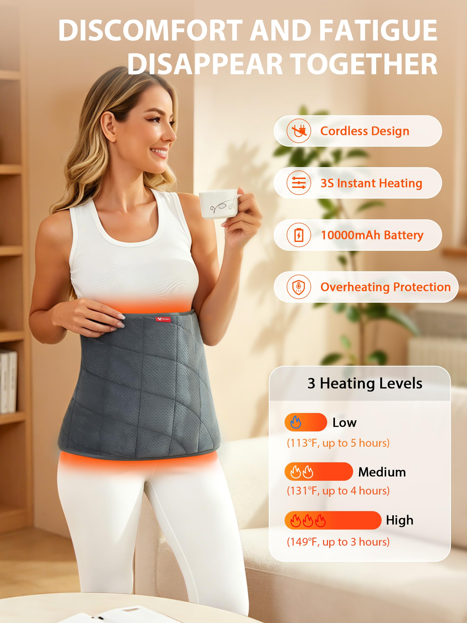 Couverture chauffante avec batterie sans fil, 10 000 mAh, coussin chauffant dos avec 3 niveaux de chauffage, coussin chauffant électrique pour dos, épaules, ventre, cou, jambes, genoux, bande