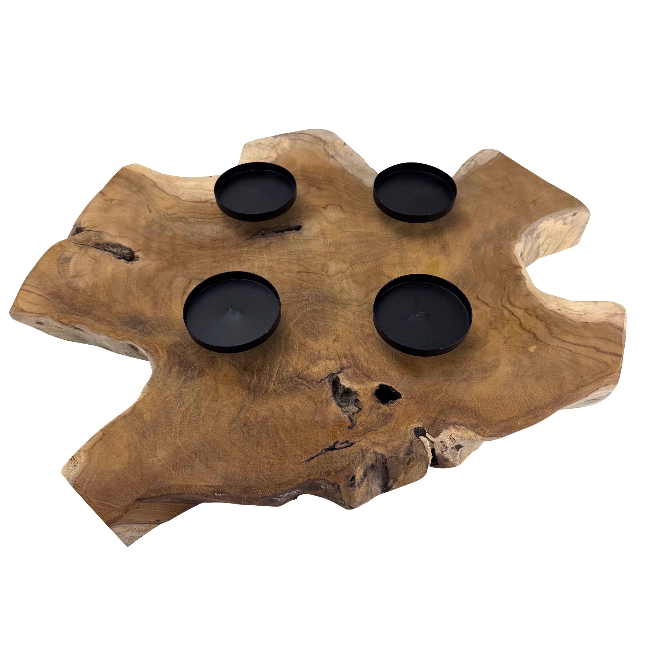 Adventskranz aus rustikalem Teakholz mit schwarzen Kerzenhaltern aus Metall für Stumpenkerzen - modern und natürlich für Ihre Weihnachtsdekoration