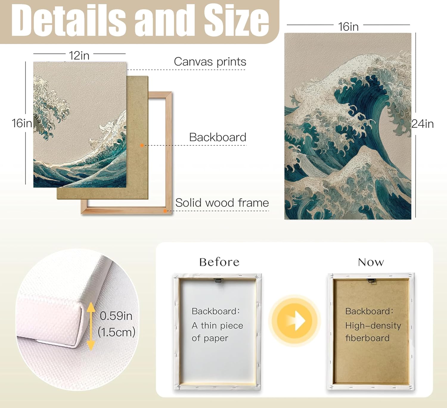 TEOVGKN 3Pcs Japanese The Great Wave Canvas Wall Art, Ukiyo-e Ocean Waves Pictures, Zen Blue Abstract Seascape Posters for Bedroom Bathroom Office Decor, FRAMED READY TO HANG (12x16 in)