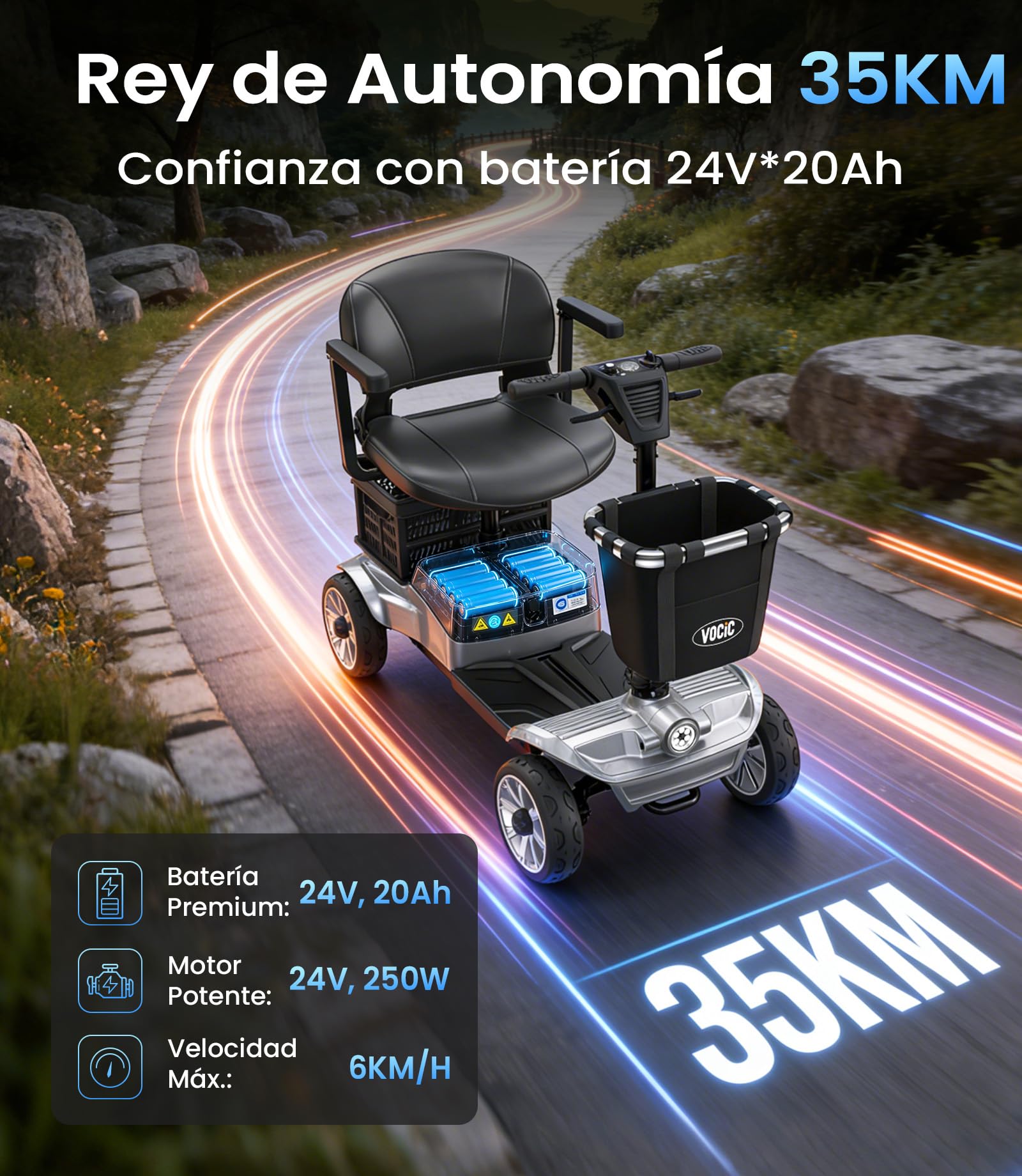 VOCIC D35 Scooter eléctrico Plegable 35km, Doble Cesta 40L, Capacidad 136kg | ruedas de 20 cm, asiento ergonómico ajustable, batería extraíble, ideal para personas mayores (Gris Plateado)