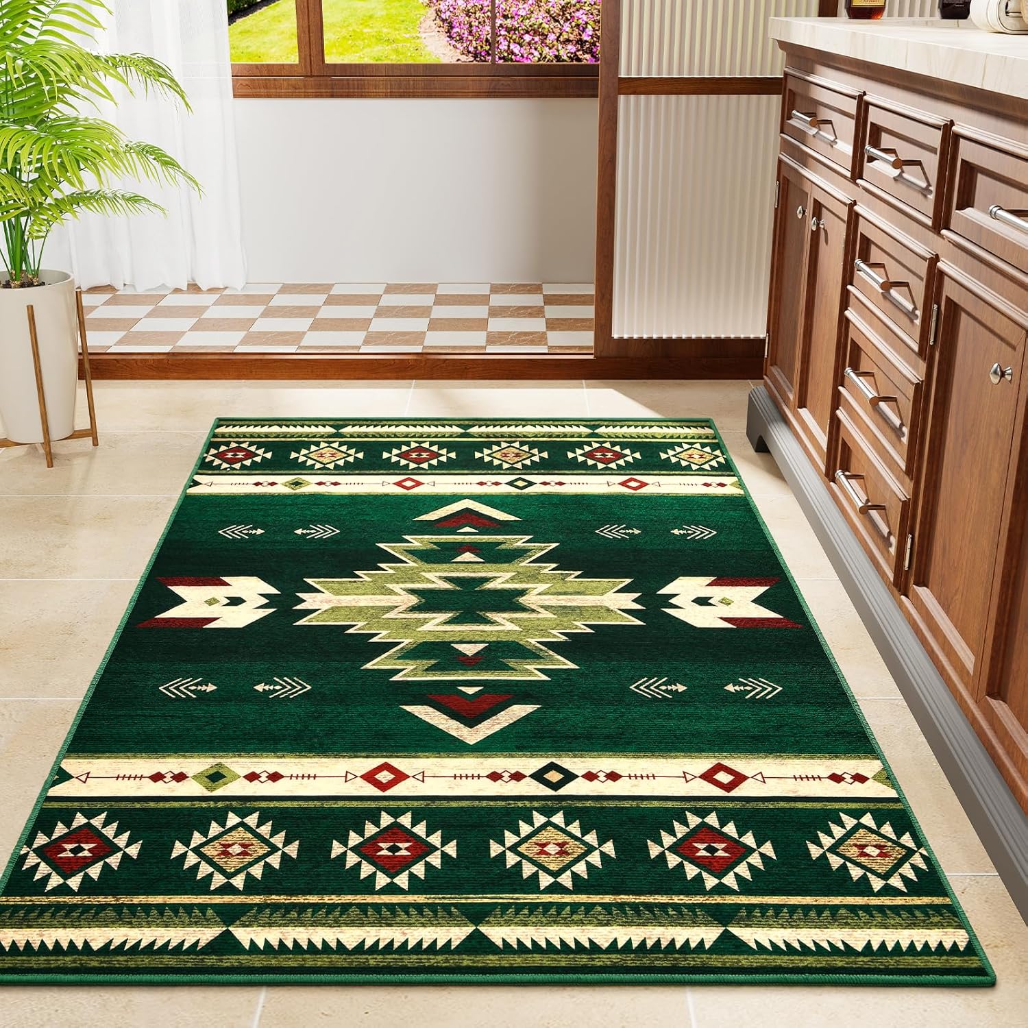 Western Rugs for Living Room Bedroom Non Slip, Aesthetic Home Decor for Dining Table Kitchen Porch Nursery, Washable Throw Rugs with Rubber Backing, 3ft x 5ft, Green