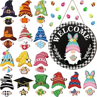 Qunclay Interchangeable Wooden Gnome Decor Holiday Seasonal Gnome Decorations with Magnet Pieces and Detachable Hats Changeable Welcome Sign for Home(Trendy Style)