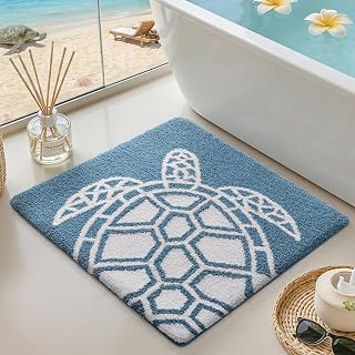 DEXI Ocean Sea Turtle Bathroom Rug, Square Bath Mat 24x24, Blue and White
