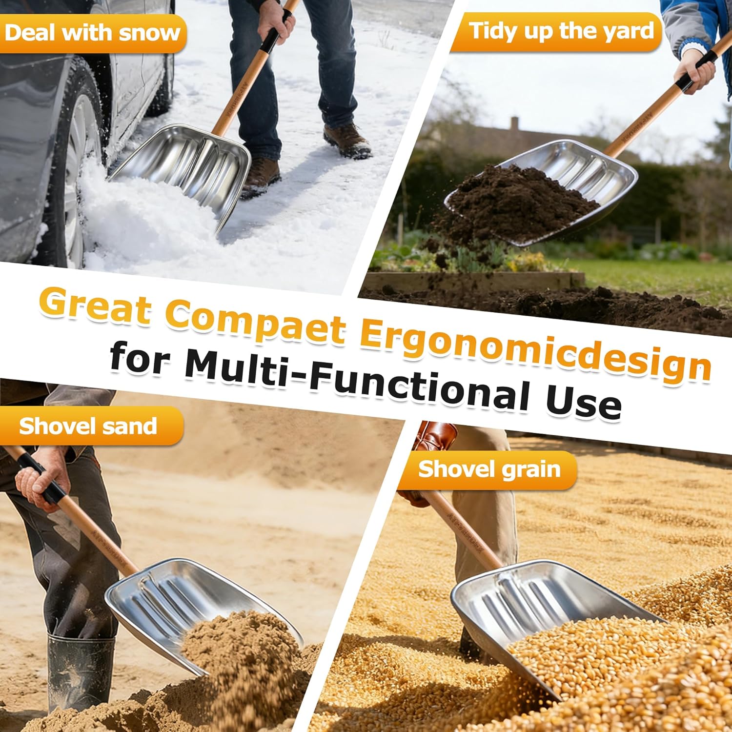 Scoop Shovel,Snow Shovel for Driveway with Non-Slip Wooden Handle and D-Shaped Grip,Quickly Clear the Snow from the Driveway and Yard