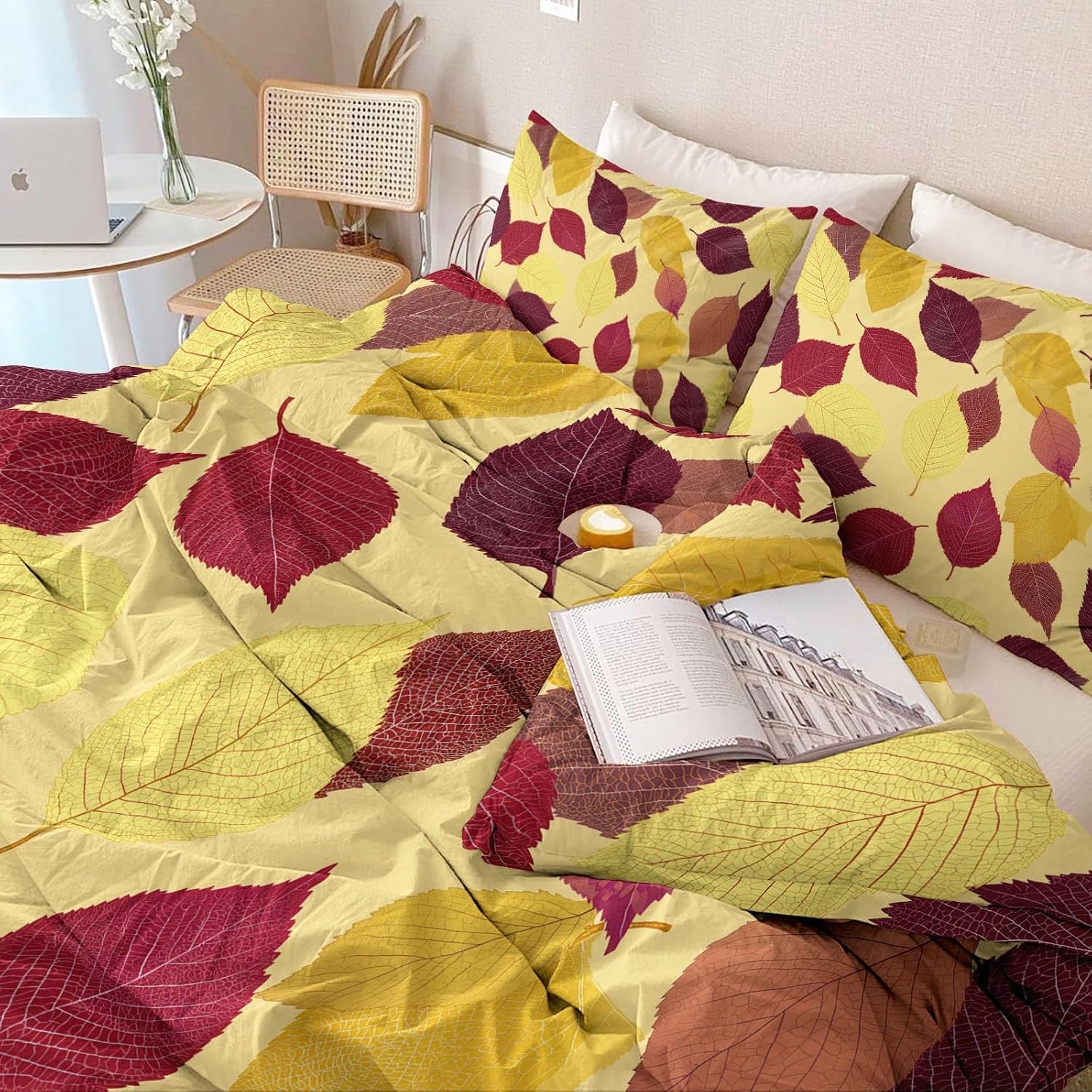 Duvet Cover Sets Retro Plants Lines Leaves Reversible Bedding Printed Comforter Sets, Queen Size 90"x90" Bedding for Kids Boys Girls Adult, Quilt Cover with Zipper Closure 4 Ties, Yellow Brown