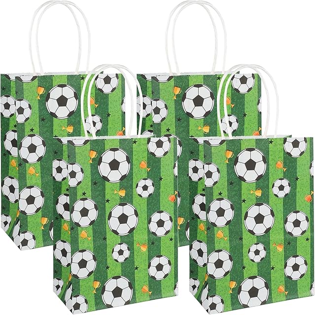 16 Pieces Football Paper Party Bags Gift Bags, Soccer Party Favors Trade Bags with Handles, Football World Cup Soccer Paper Bags for Kids Adults Birthday Soccer Themed Party Supplies