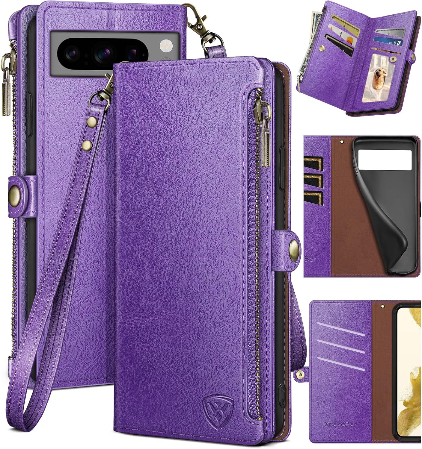 XcaseBar for Google Pixel 8 Pro Wallet case with Zipper Credit Card Holder ?RFID Blocking?, Flip Folio Book PU Leather Phone case Shockproof Cover Women Men for Pixel 8Pro case Purple