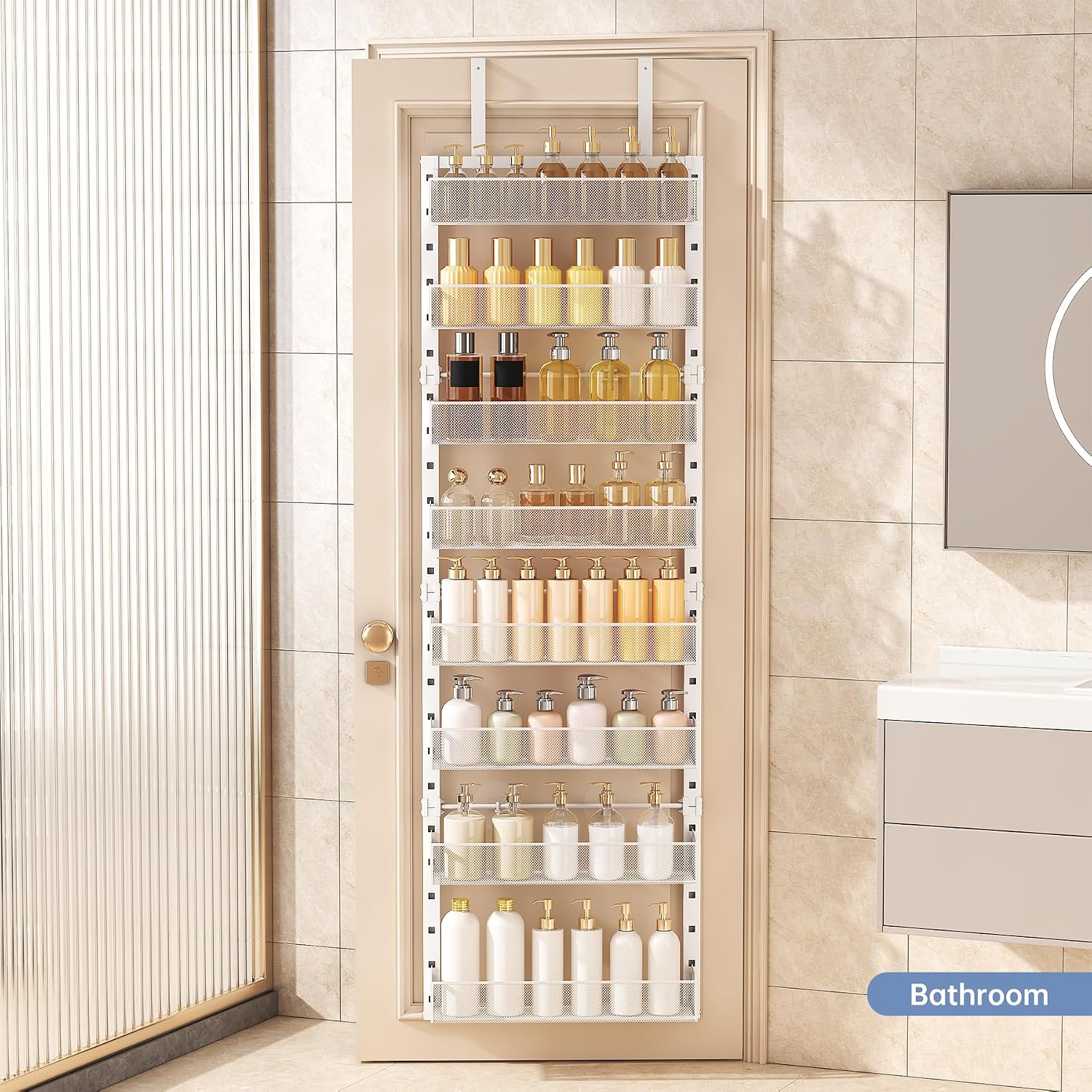 Over the Door Pantry Organizer, Anti-Swing 2 in 1 Wall Mount & Hanging Adjustable Pantry Organizers and Storage with Dense Mesh Baskets for Kitchen and Bathroom, Bedroom, Laundry Room (White,8-Tier)