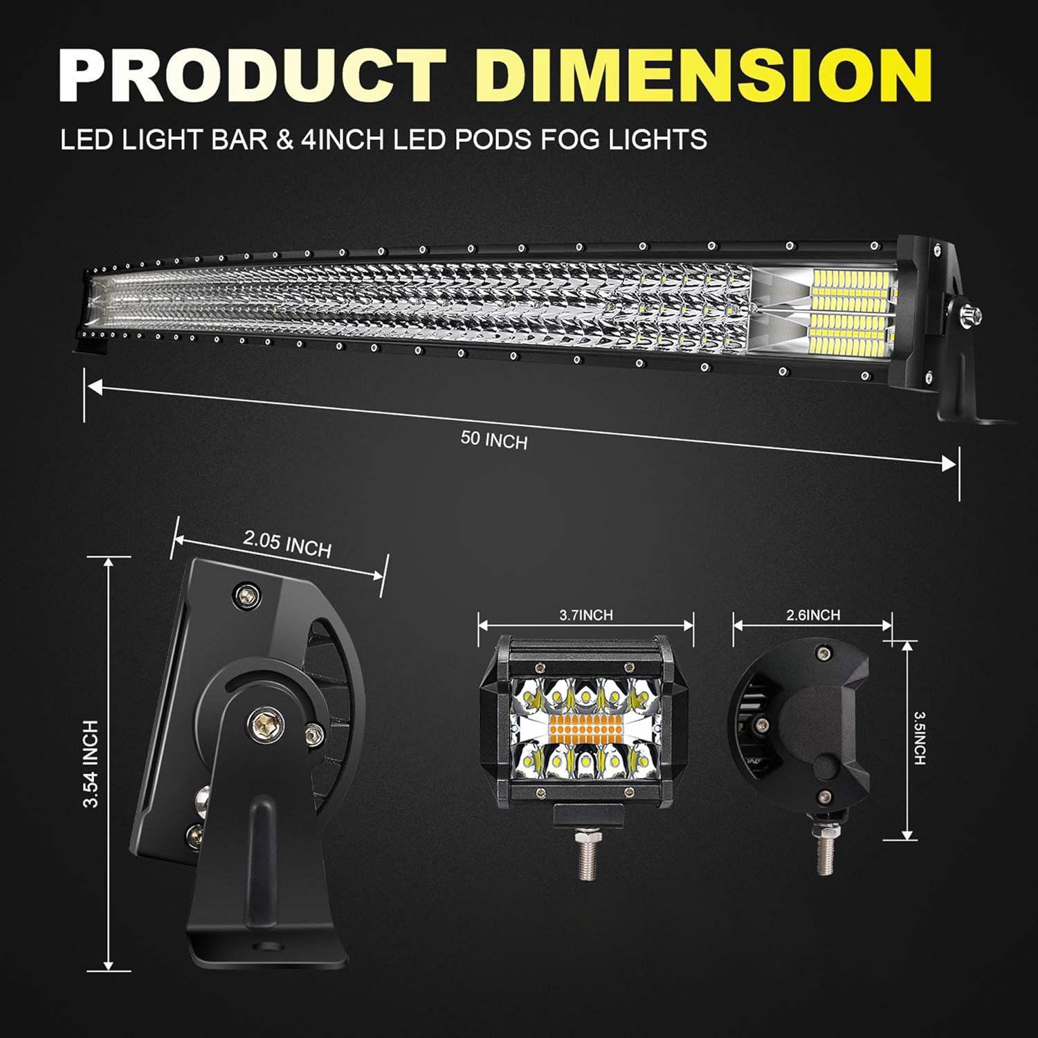 LED Light Bar TURBO SII 50 Inch 684W Curved Triple Row Flood Spot Combo Beam Offroad Driving Light + 4 Inch 60W Led Pod Lights w/3-Leads Wiring Harness for Trucks ATV UTV Polaris Boats