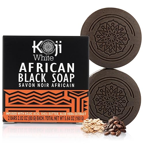 Koji White Barra de jabón negra africana con ácido kójico para exfoliar el cuerpo – Jabón exfoliante facial e hidratante facial con manteca de