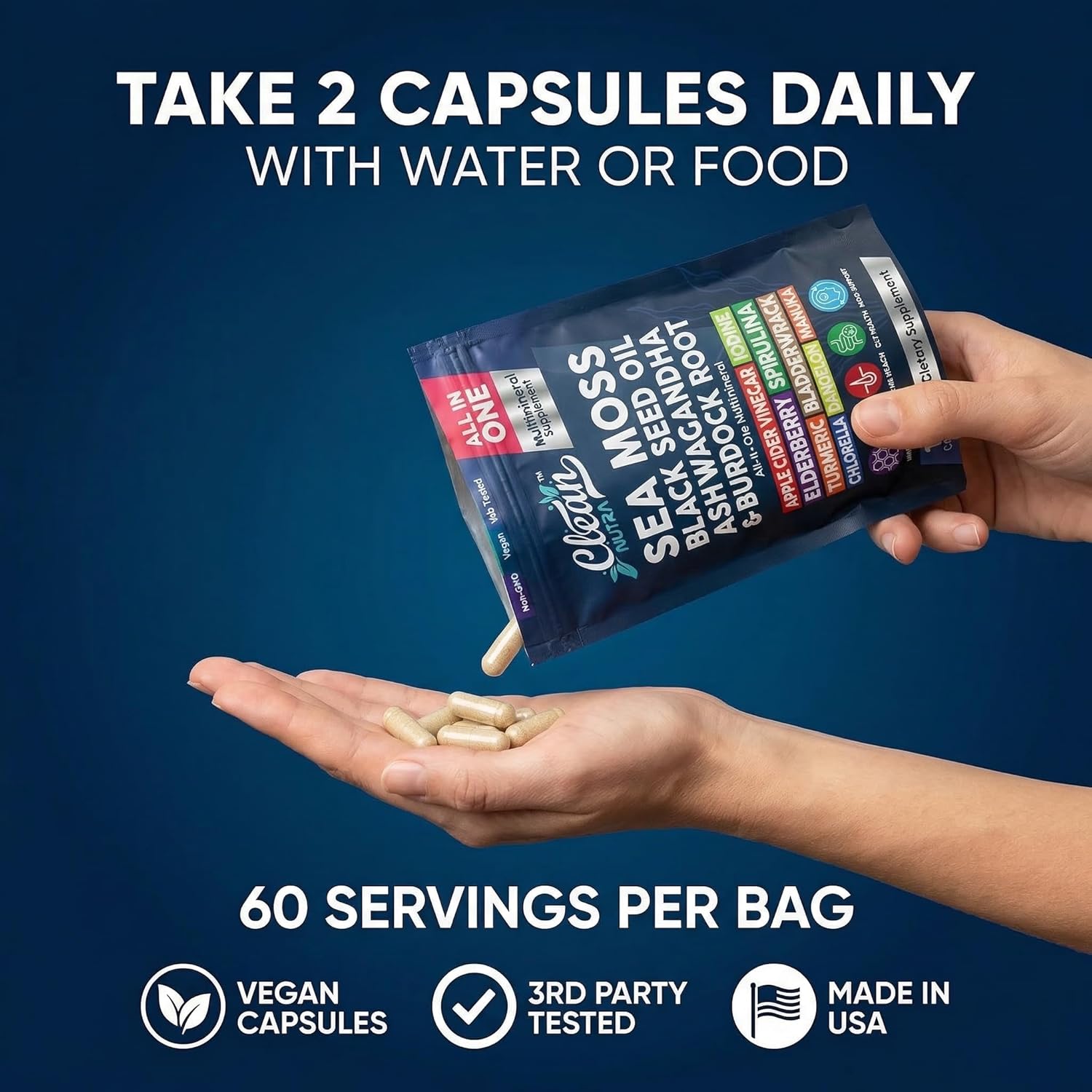 Clean Nutraceuticals Sea Moss Black Seed Oil Ashwagandha Turmeric Bladderwrack Burdock & Vitamin C Vitamin D3 with Elderberry Manuka Dandelion (120 Count (Pack of 1))