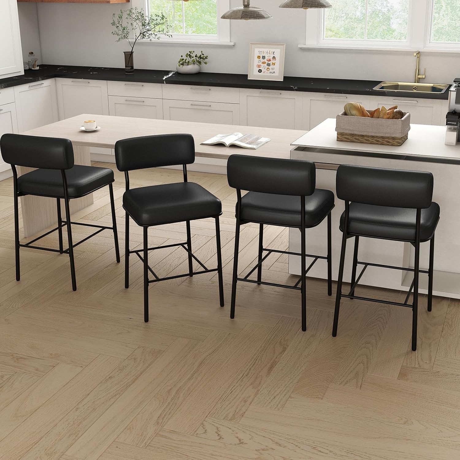 SAECKBERG 26" Counter Height Bar Stools Set of 3, Upholstered Barstools with Backs, Black Faux Leather, Metal Bar Height Chairs, Mid Century Modern Counter Stools for Kitchen Island