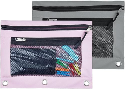 Miniatura 8 de Estuche para lápices para carpeta de 3 anillas, paquete de 2 bolsas con cremallera con doble capa, soporte de malla transparente para ventanas,