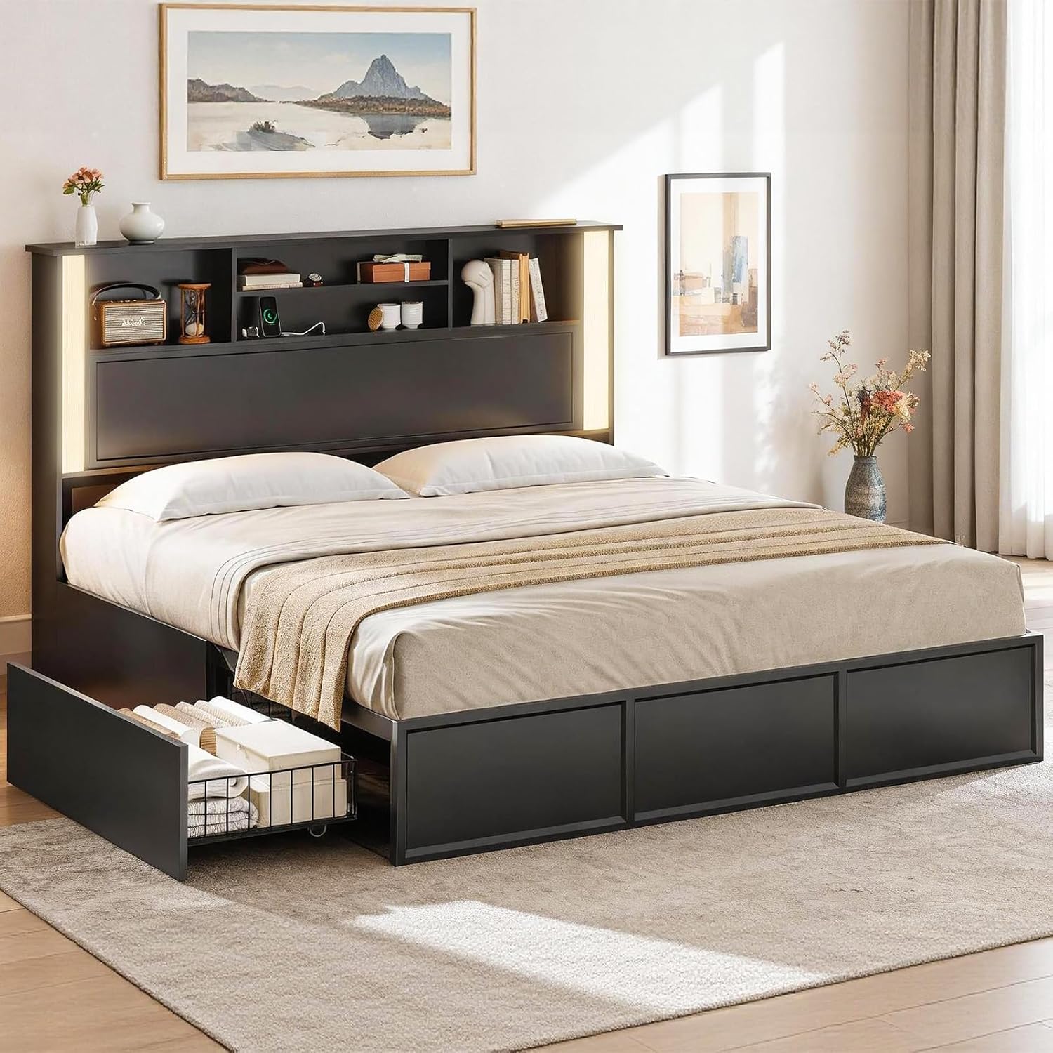 VIAGDO Full Size Bed Frame with 4 Drawers and Bookcase Storage Headboard, Wooden Platform Bed Frame Full Size with Charging Station and LED Flat Panel Light, No Box Spring Needed, Black