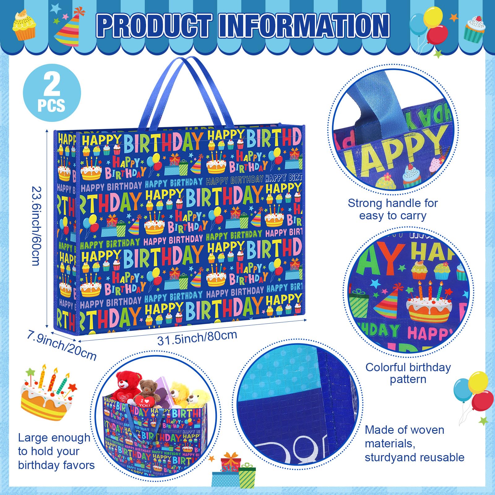 Pickmesh 2 Pcs Extra Large Birthday Bags 31.5x23.6x7.9 Inch Colorful Happy Birthday Gift Bag Oversize Non Woven Fabric Wrapping Pouch for Wedding Baby Shower Party Giant Present Wrap Supplies