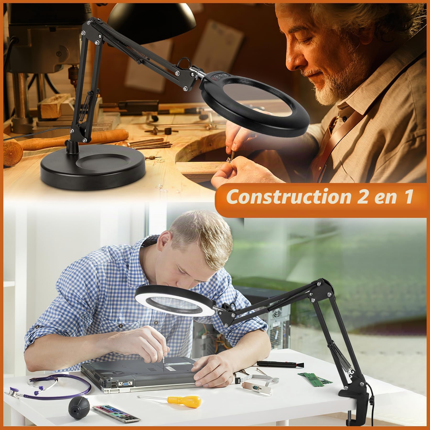 Veemagni 12X Lampe Loupe avec Lumière, 5 Modes de Couleur Gradation Continue 2 en 1 Lampe de Bureau et Pince, LED Loupe avec Lumière et Support pour Lecture, Réparation, Artisanat, Peinture