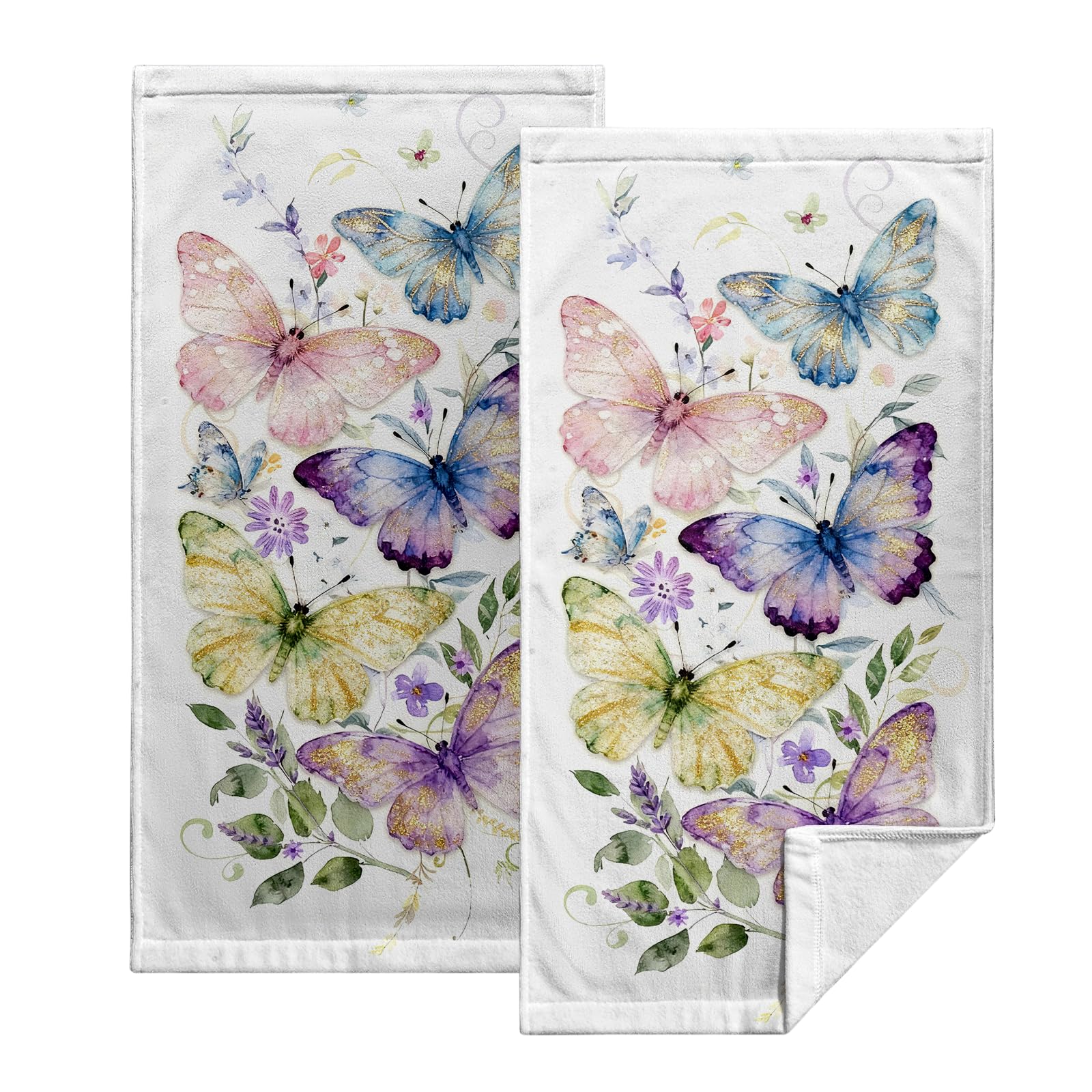 Kwlegh Colorful Butterfly Hand Towels Spring Summer Floral Dish Drying Towels Lavender Violet Daisy Flower Fingertip Towels 14.4x28.3 Highly Absorbent Towels for Kitchen Bathroom 2 Pack