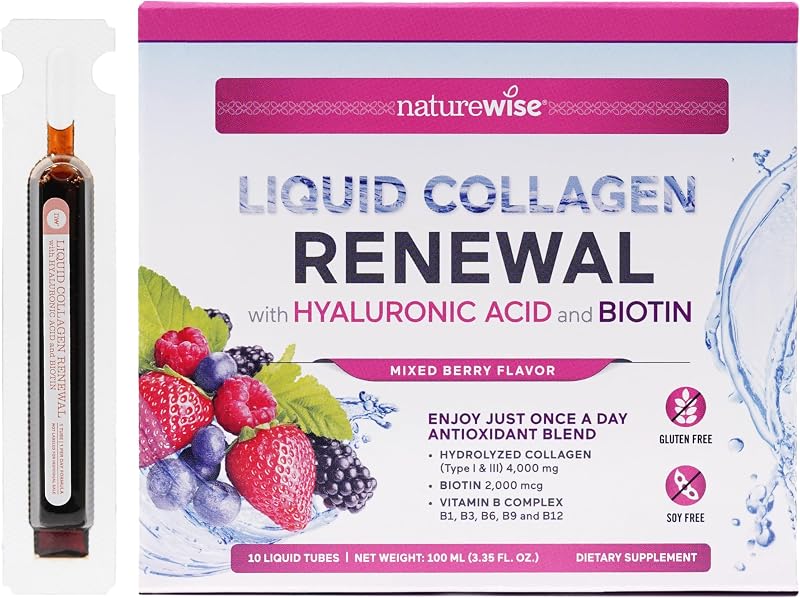 Colágeno líquido hidrolizado NatureWise para mujeres y hombres 4000 mg - Alta absorción, péptidos tipo 1 y 3 con biotina + vitamina C + complejo de vitamina B y ácido hialurónico - Bayas mixtas - 10 tubos [suministro para 10 días]